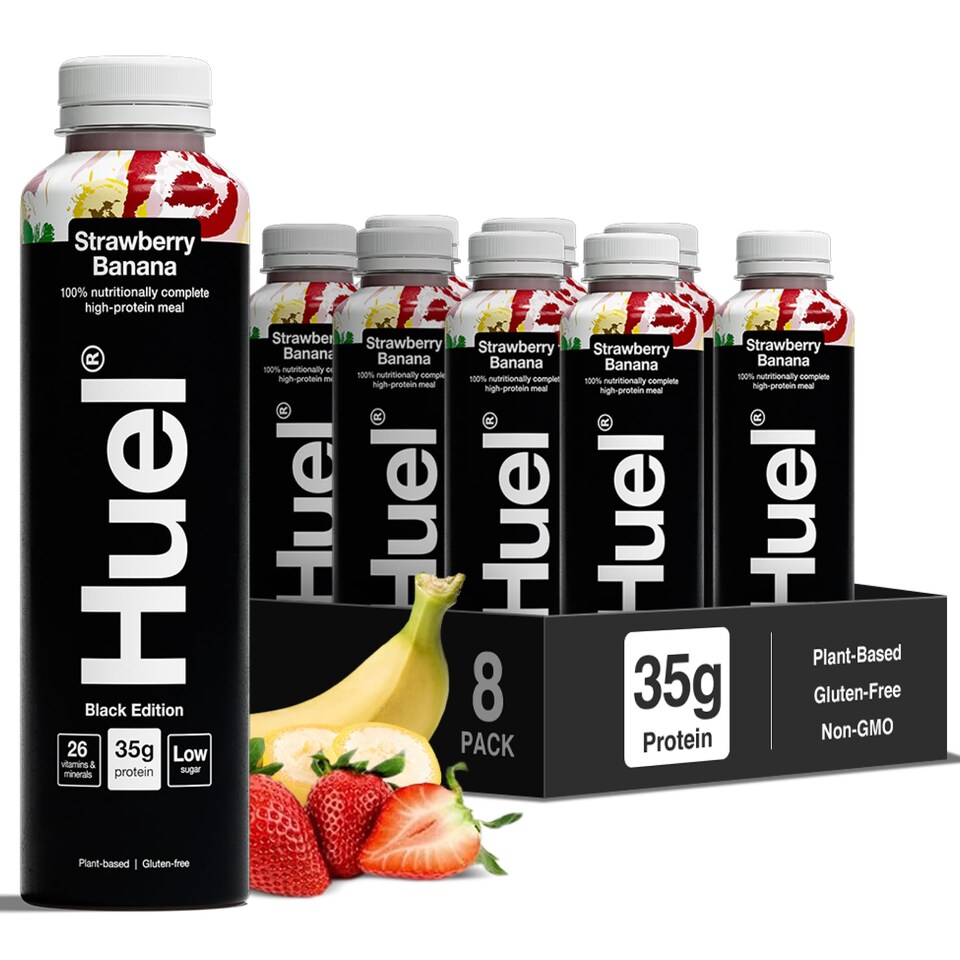 Huel Ready-to-Drink Meal, BLACK EDITION Strawberry & Banana Protein Drink, 500ml Bottles (Pack of 8) - Protein Shakes, Pre-Portioned Meal, 35g of Protein per Bottle
