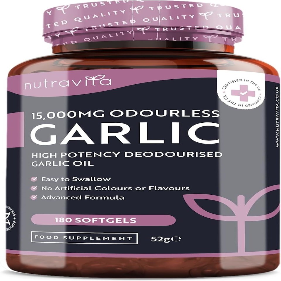 Nutravita Garlic Capsules - Odourless High Strength 15,000mg of Cold Pressed Garlic Oil from Allium Sativum - 180 Soft Gel Capsules - 6 Month Supply