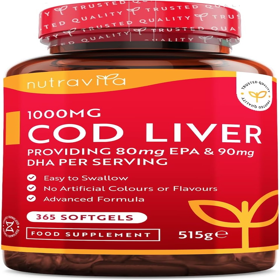 Nutravita Cod Liver Oil 1000mg - Omega 3, Vitamins A, D, E & Garlic Oil - Supports Heart & Brain Health - 365 Fish Oil Softgels - Made in The UK