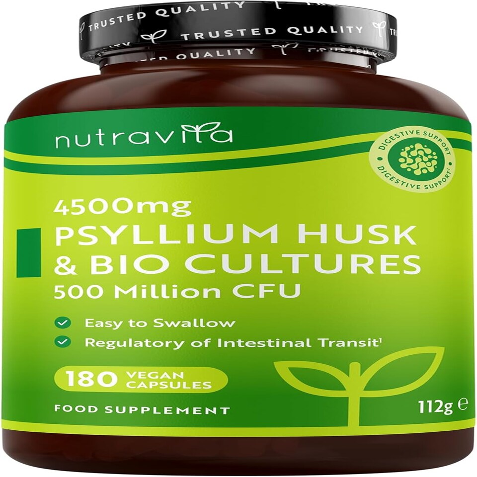 Nutravita Psyllium Husk 4500mg with 500 Million CFU - Fibre Supplement Supports Digestive Balance - Made in the UK - 180 Psyllium Husks Capsules