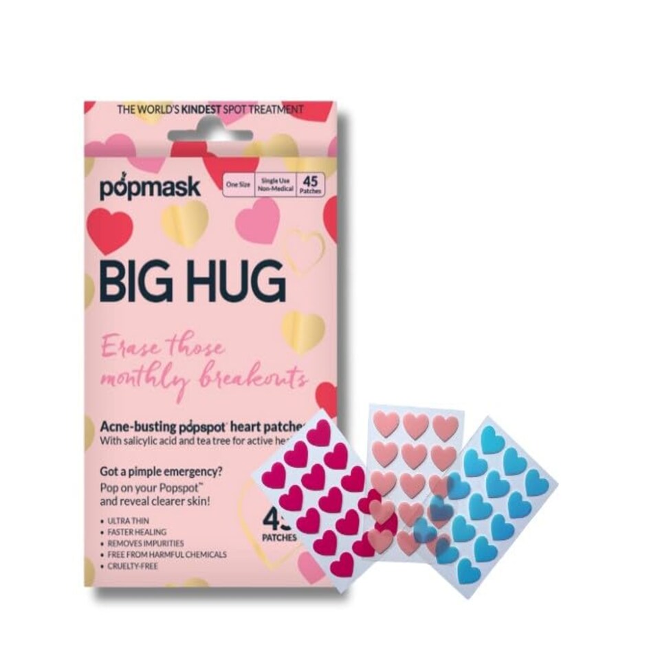 Popmask Big Hug Hydrocolloid Pimple Patches Infused with Salicylic Acid to Treat Pimples & Tea Tree Oil to Soothe and Calm the Skin, 45 Coloured Heart Shaped Patches