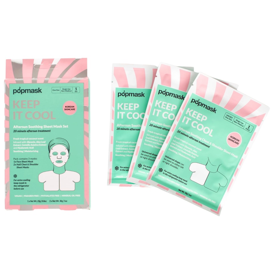 Popmask Keep it Cool Aftersun Sheet Masks Set for Face, Chest and Shoulder, Cooling and Hydrating with Aloe Vera and Hyaluronic Acid, Unisex, 1x Face Mask and 2x Chest and Shoulder Masks