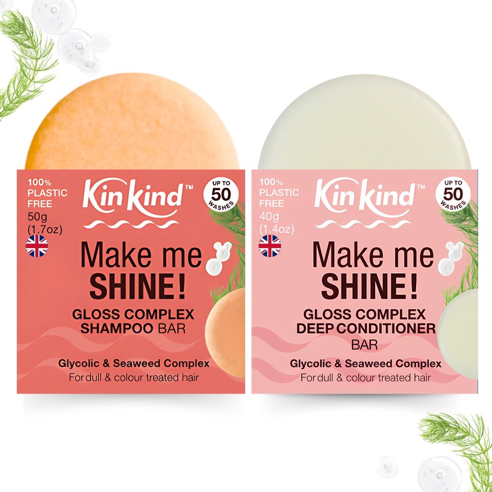 KinKind Make me SHINE! Glycolic Acid & Seaweed Shampoo and Conditioner  bar set . Improves Scalp Health & Shine. For Dull & Coloured Hair.