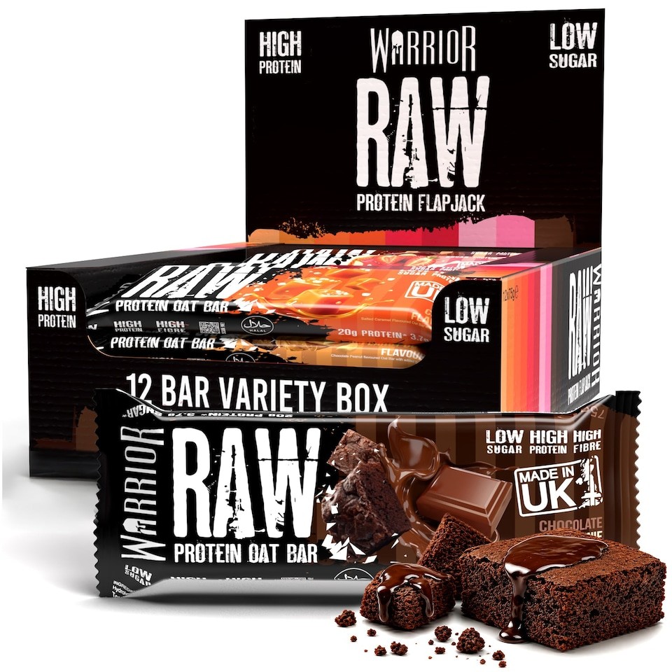 Warrior RAW Protein Bars 12 x 75g – 20g High Protein Bar, Low Sugar High Fibre Oat Protein Flapjack – Protein Snacks, Meal Replacement Bars (Variety)