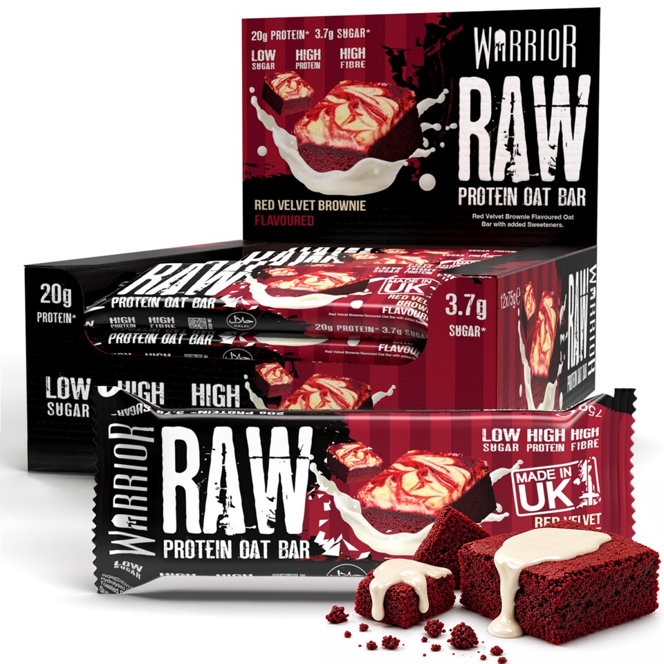 Warrior RAW Protein Bars 12 x 75g – 20g High Protein Bar, Low Sugar High Fibre Oat Protein Flapjack – Protein Snacks, Meal Replacement Bars (Red Velvet Brownie)