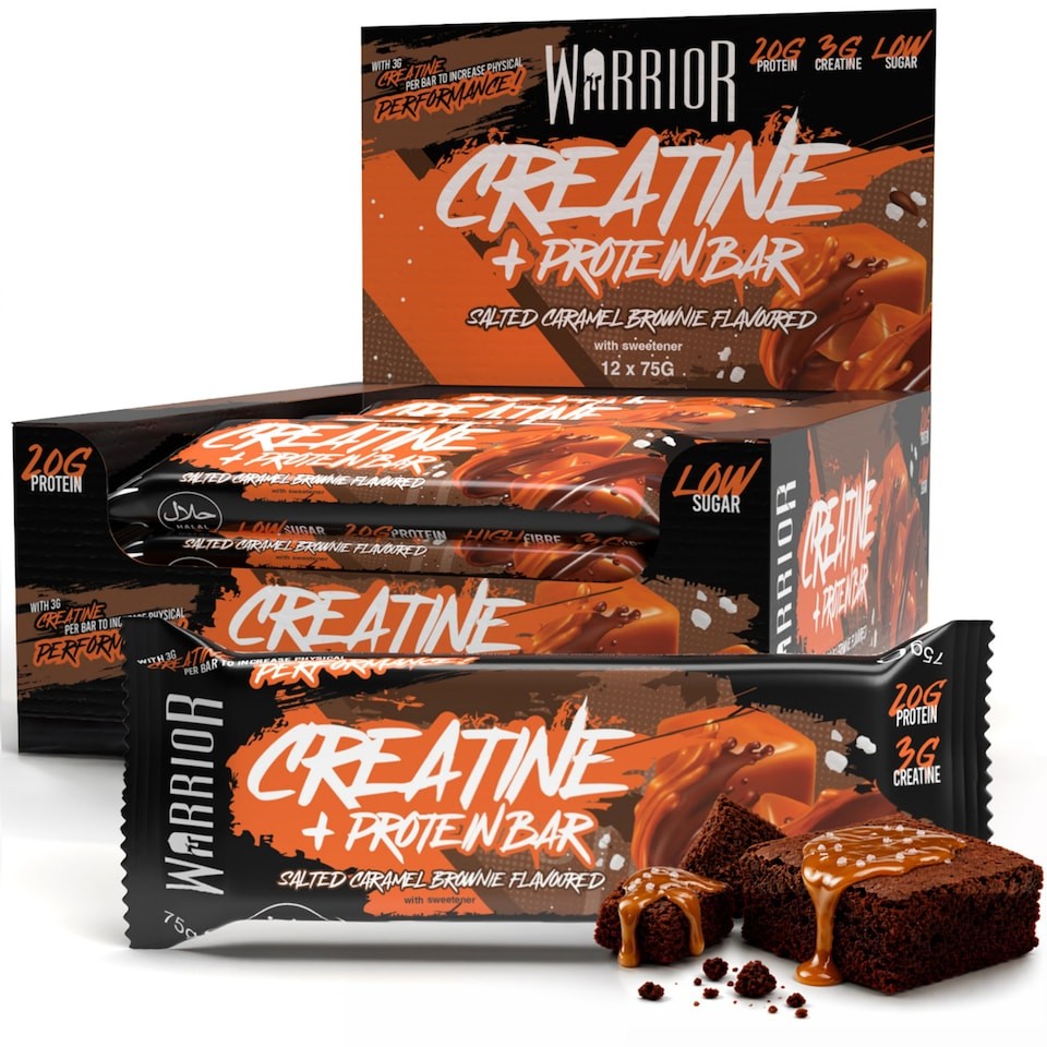 Warrior Creatine Protein Bars 12 x 75g – 20g High Protein Bar, 5g Creatine, Low Sugar High Fibre Oat Bars, Meal Replacement Bars (Salted Caramel Brownie)
