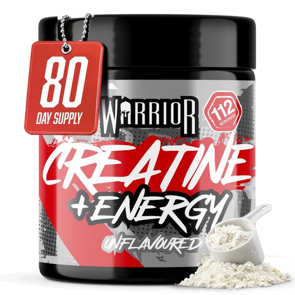 Warrior Creatine + Energy – 3g Creatine, 80mg Caffeine & B-Vitamins for Strength, Focus & Stamina – Unflavoured, 360g (112 Servings)