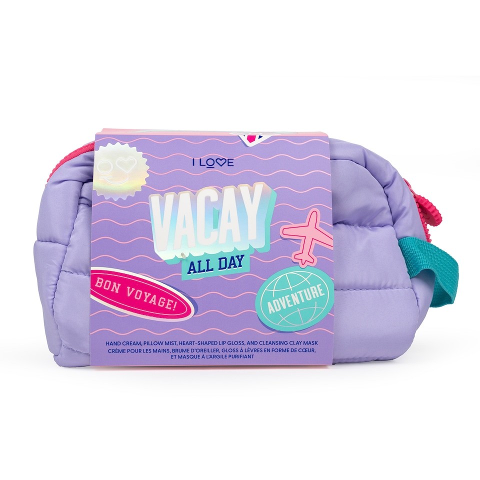 I Love Cosmetics Vacay All Day, Pillow Mist 40ml, Heart-Shaped Lip Gloss 1.4g, Sheet Face Mask 10ml and Hand Cream 30ml, Travel Beauty Gift Set for Women & Girls