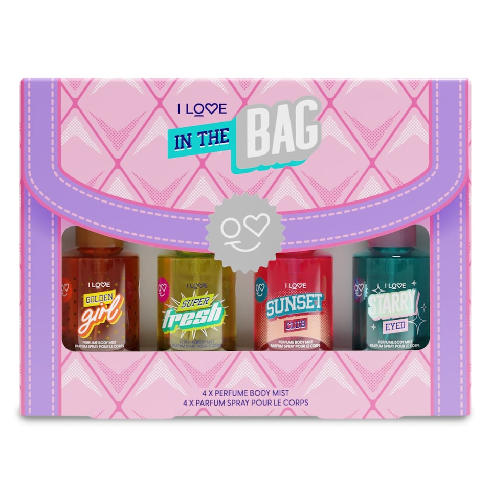 I Love Cosmetics In The Bag Perfumed Body Mists Gift Set, Fresh Dreamy Zesty Sweet, Golden Girl, Starry-Eyed, Super-fresh, Sunset Lover, Travel Size Miniature Gift Set for Women & Girls – 4x 100ml