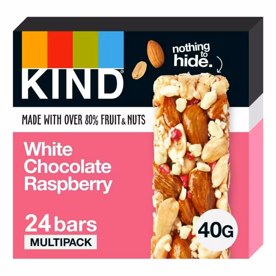 Kind Bars, White Chocolate Raspberry, Healthy Snack, Gluten Free Snack Bars, No Artificial Colours, Flavours or Preservatives, Multipack 24 x 40g | Pink
