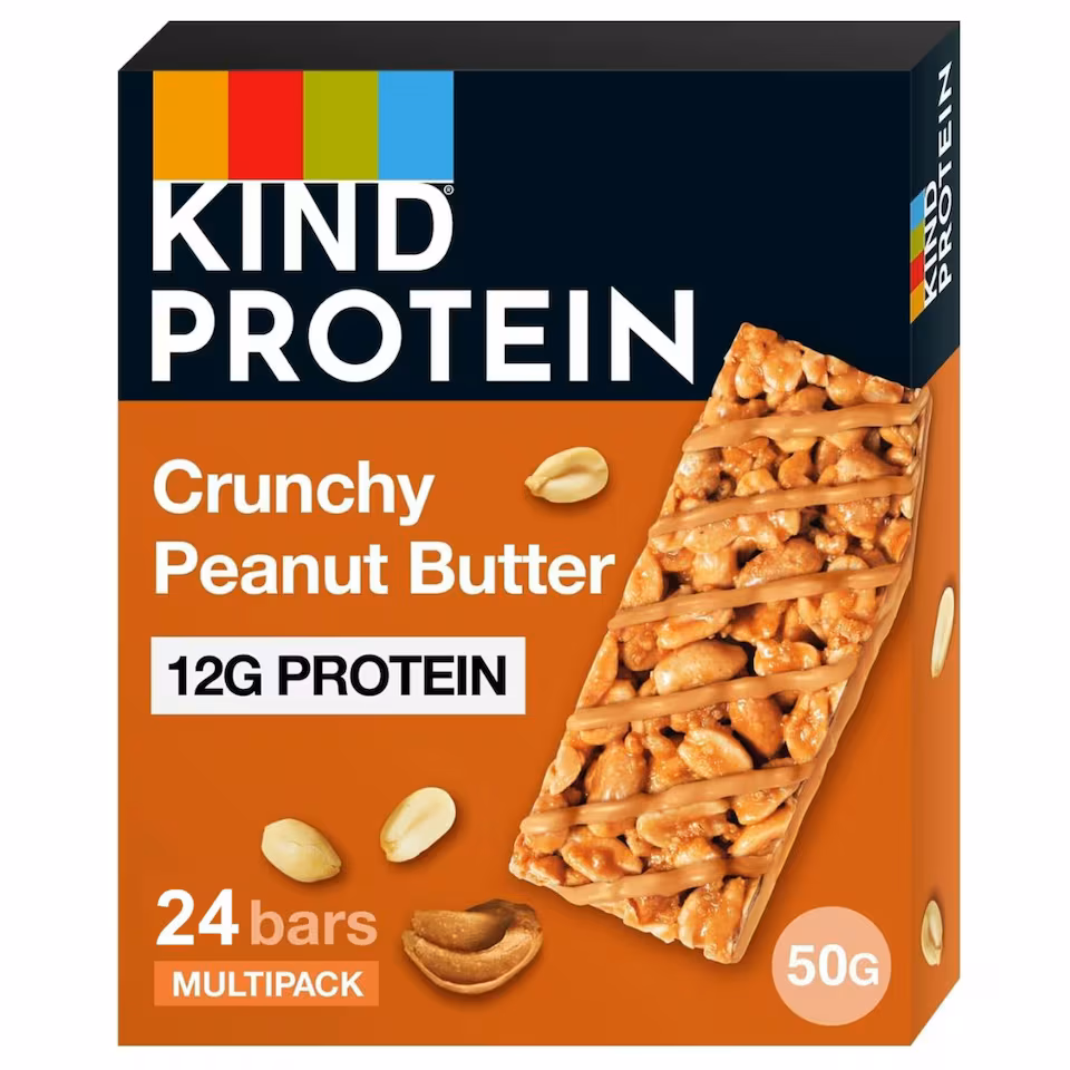 KIND Protein Bars, Gluten Free Snack Bars, Crunchy Peanut Butter, High Fibre, Source of Protein, No Artificial Colours, Flavours or Preservatives, 24 x 50g | Brown