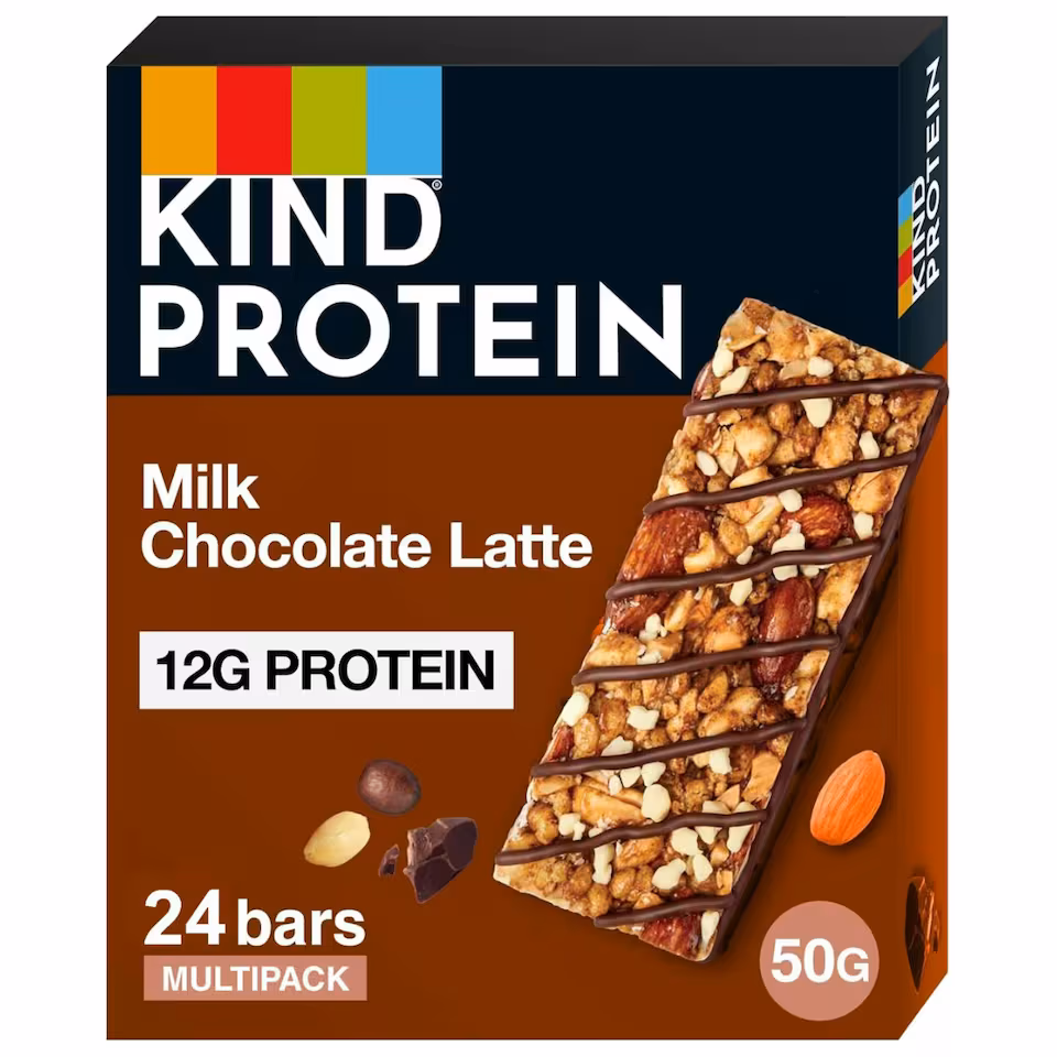 KIND Protein Bars, Gluten Free Snack Bars, Milk Chocolate Latte, High Fibre, Source of Protein, No Artificial Colours, Flavours or Preservatives, 24 x 50g | Brown