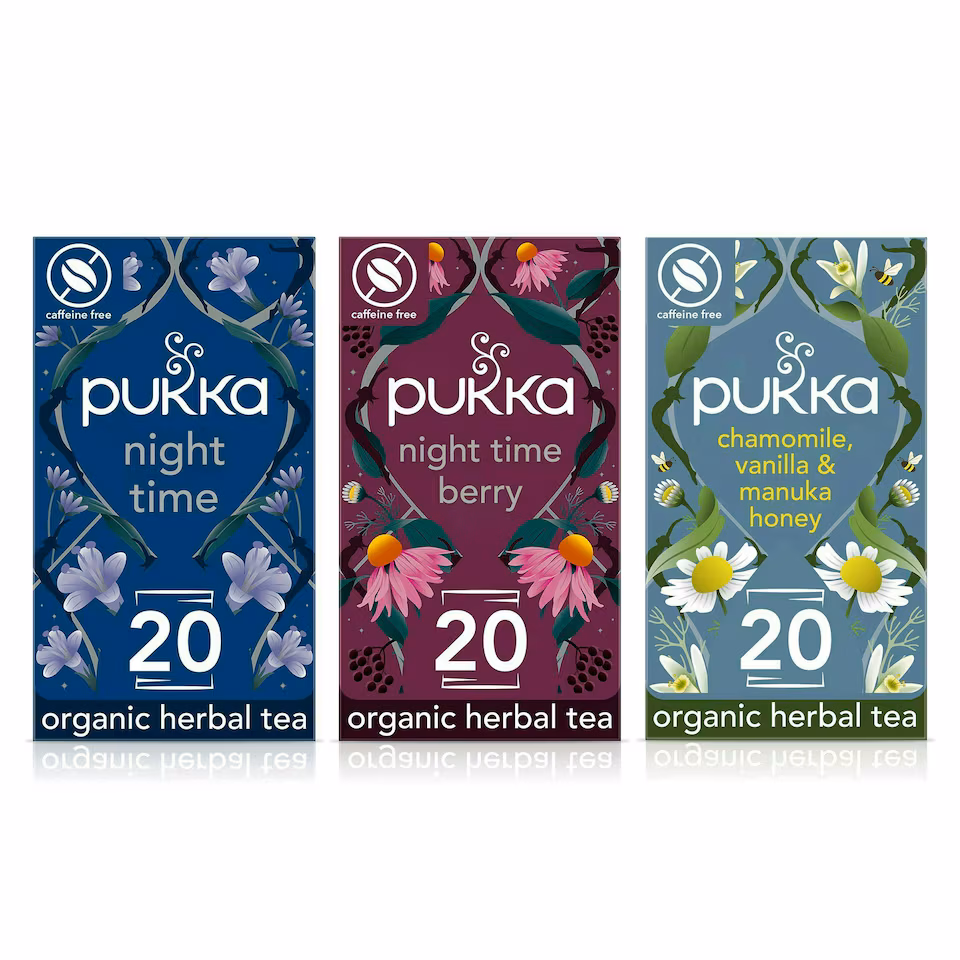 Pukka Herbs Organic Herbal Tea, Chamomile Calm with Night Time, Night Time Berry & Chamomile Vanilla & Honey, 3 Packs of 20 Teabags | Multi