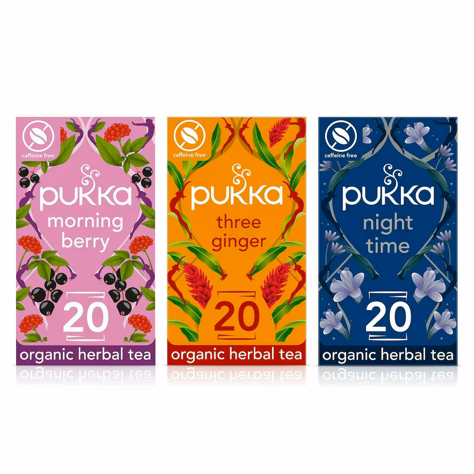 Pukka Herbs Organic Herbal Tea, Day to Night Bundle with Morning Berry, Three Ginger & Night Time, 3 Packs of 20 Teabags | Multi