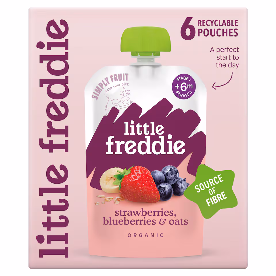 Little Freddie Organic Strawberries, Blueberries & Oats Baby Food Pouch Multipack 6+ Months 6 x 100g