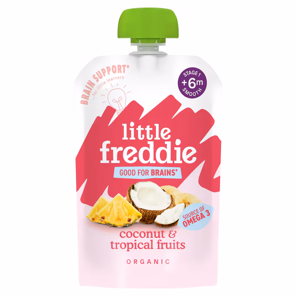 Little Freddie Organic Good for Brains Coconut & Tropical Fruits Baby Food Pouch with Omega 3 6+ Months 90g
