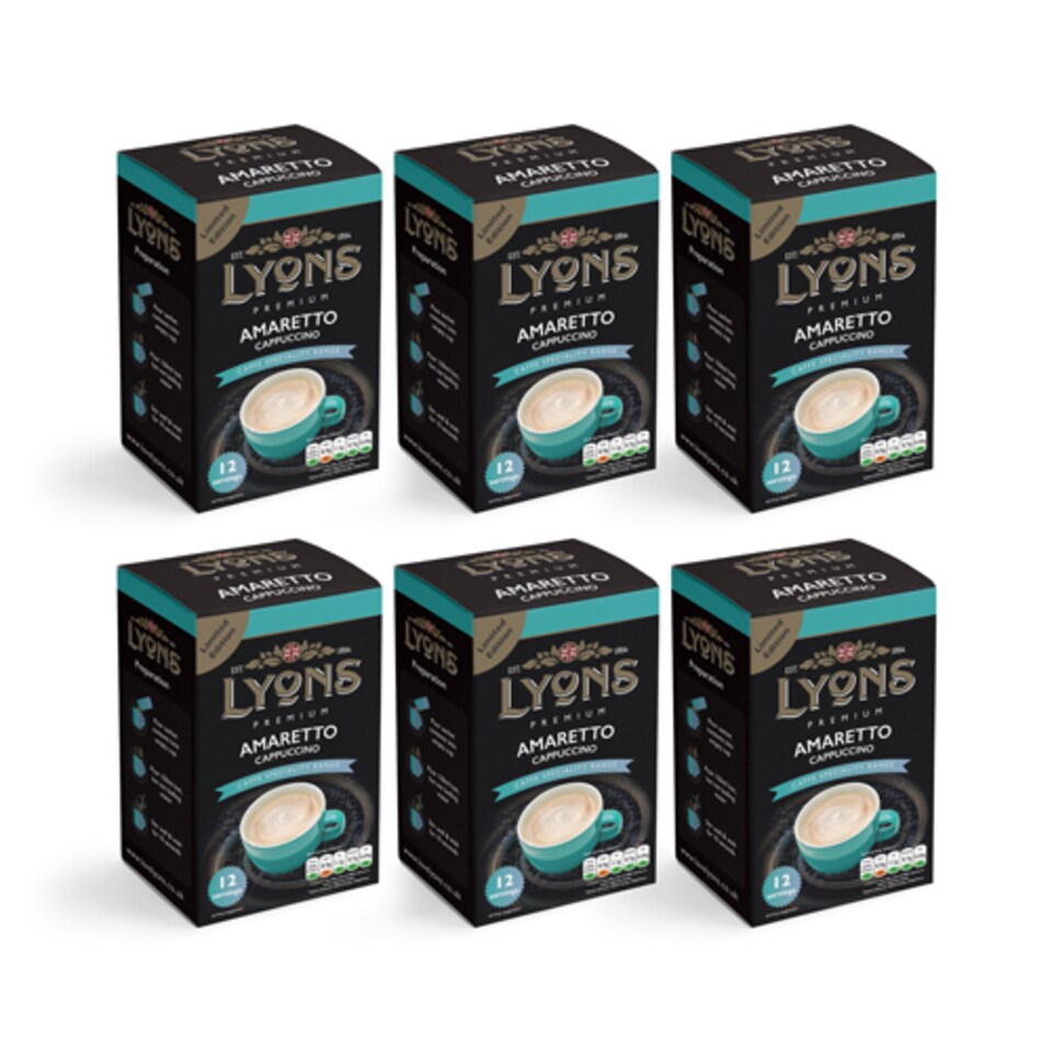 Lyons Premium Instant Amaretto Cappuccino 12 Sachets 15g BBE 11/04/26 | Blue | 6 - Blue | Amaretto Cappuccino | 6