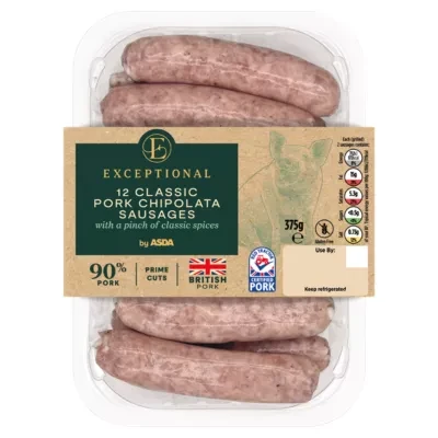 Exceptional by ASDA Exceptional 12 Classic Pork Chipolata Sausages 375g