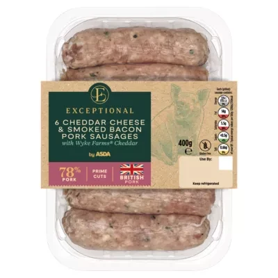 Exceptional by ASDA Exceptional by  6 Cheddar Cheese & Smoked Bacon Pork Sausages 400g