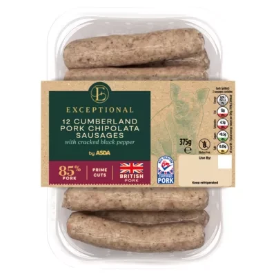 Exceptional by ASDA Exceptional by  12 Cumberland Pork Chipolata Sausages with Cracked Black Pepper 375g