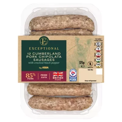 Exceptional by ASDA Exceptional 12 Cumberland Pork Chipolata Sausages with Cracked Black Pepper 375g