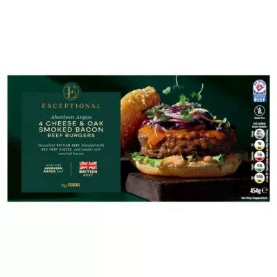 ASDA Exceptional by ASDA 4 Aberdeen Angus CHEESE & OAK SMOKED BACON BEEF BURGERS 454g