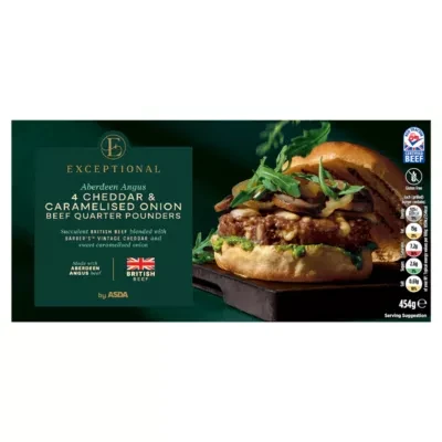 ASDA Exceptional by ASDA 4 Aberdeen Angus CHEDDAR & CARAMELISED ONION BEEF QUARTER POUNDERS 454g