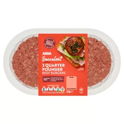 ASDA 2 Succulent Quarter Pounder Beef Burgers 227g