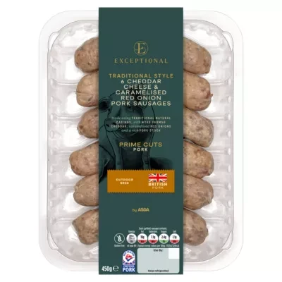 ASDA Exceptional by  6 Traditional Style Cheddar Cheese & Caramelised Red Onion Pork Sausages 450g