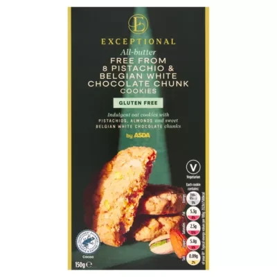 ASDA Exceptional by  All-Butter Free From 8 Pistachio & Belgian White Chocolate Chunk Cookies 150g