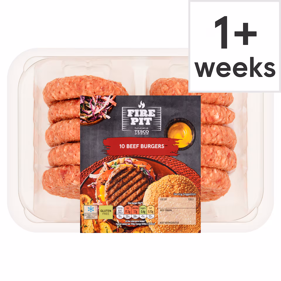 Tesco Fire Pit 10 Beef Burgers 920g NEW