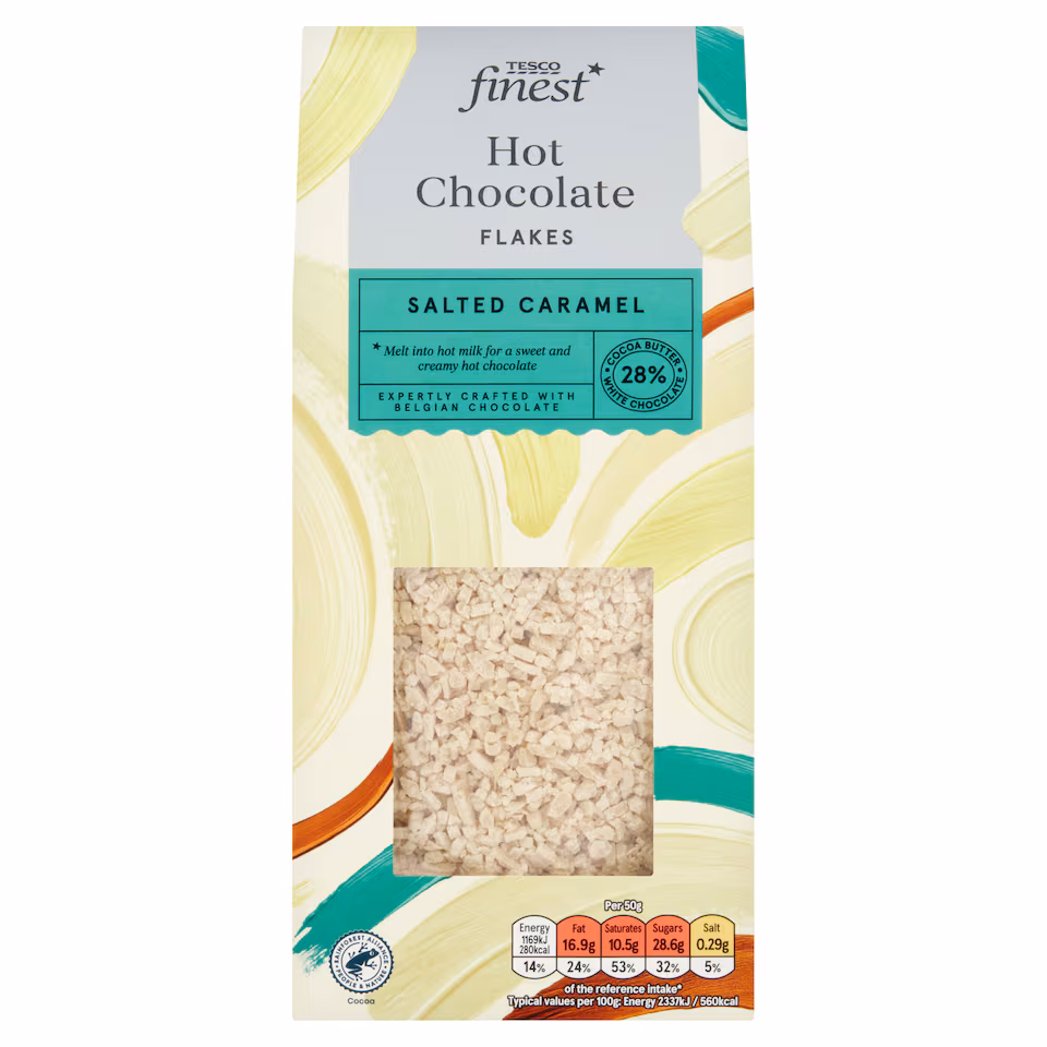 Tesco Finest Belgian Salted Caramel & White Hot Chocolate Flakes 250g