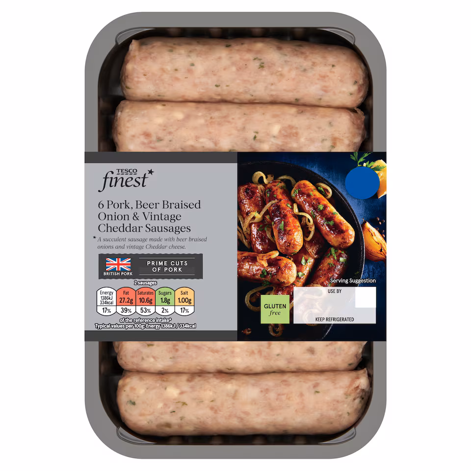 Tesco Finest Pork, Cheddar & Beer Braised Onion Sausages 400g