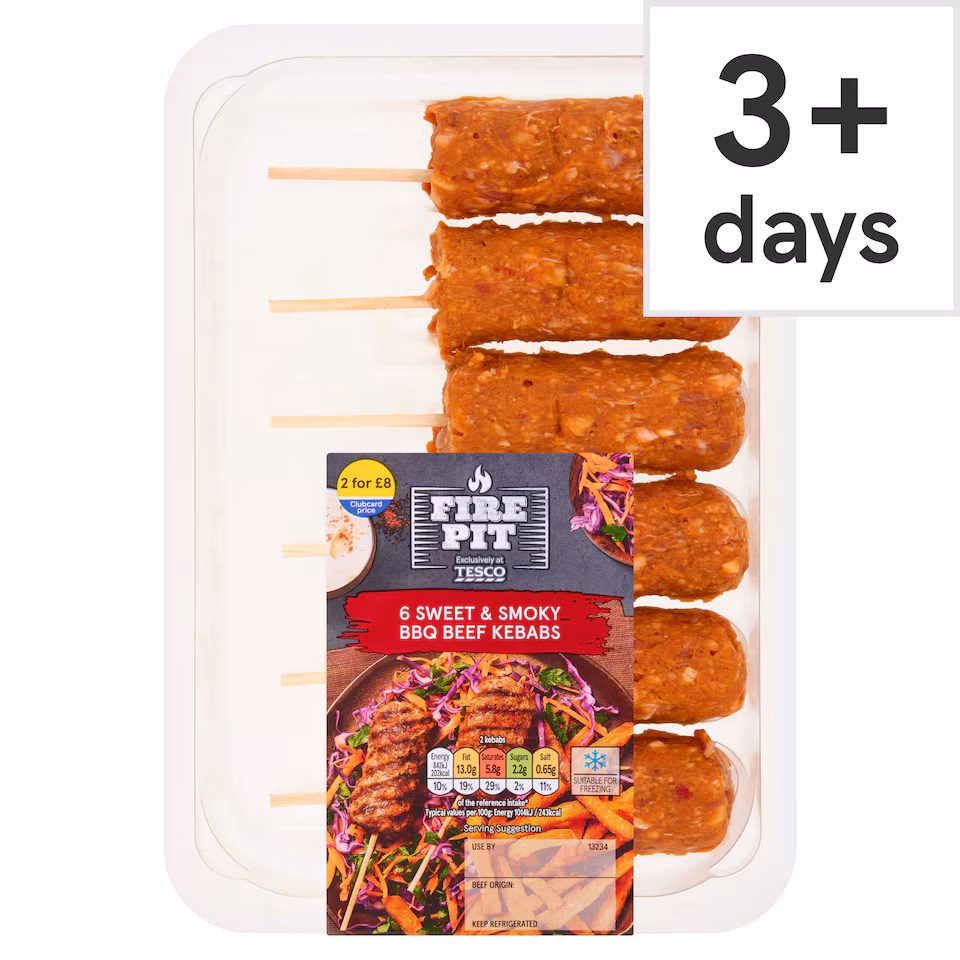 Tesco Firepit 6 Sweet & Smoky BBQ Beef Kebabs 360g