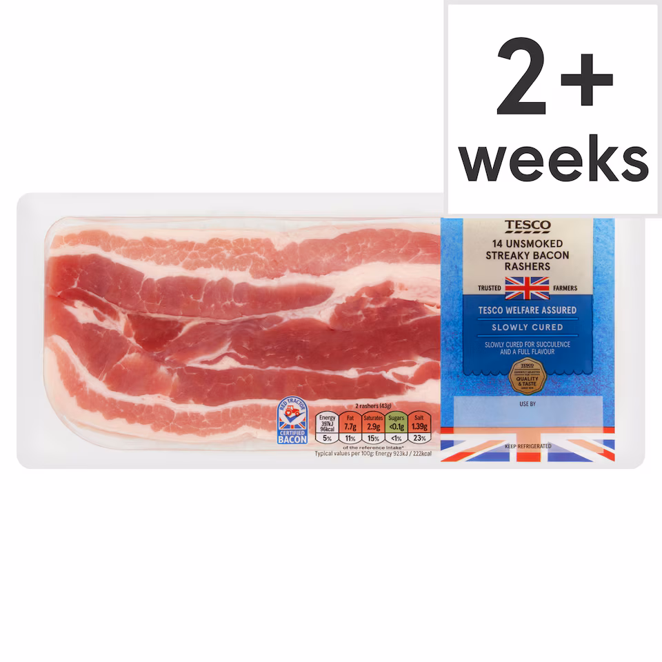 Tesco British 14R Unsmoked Streaky Bacon 300g
