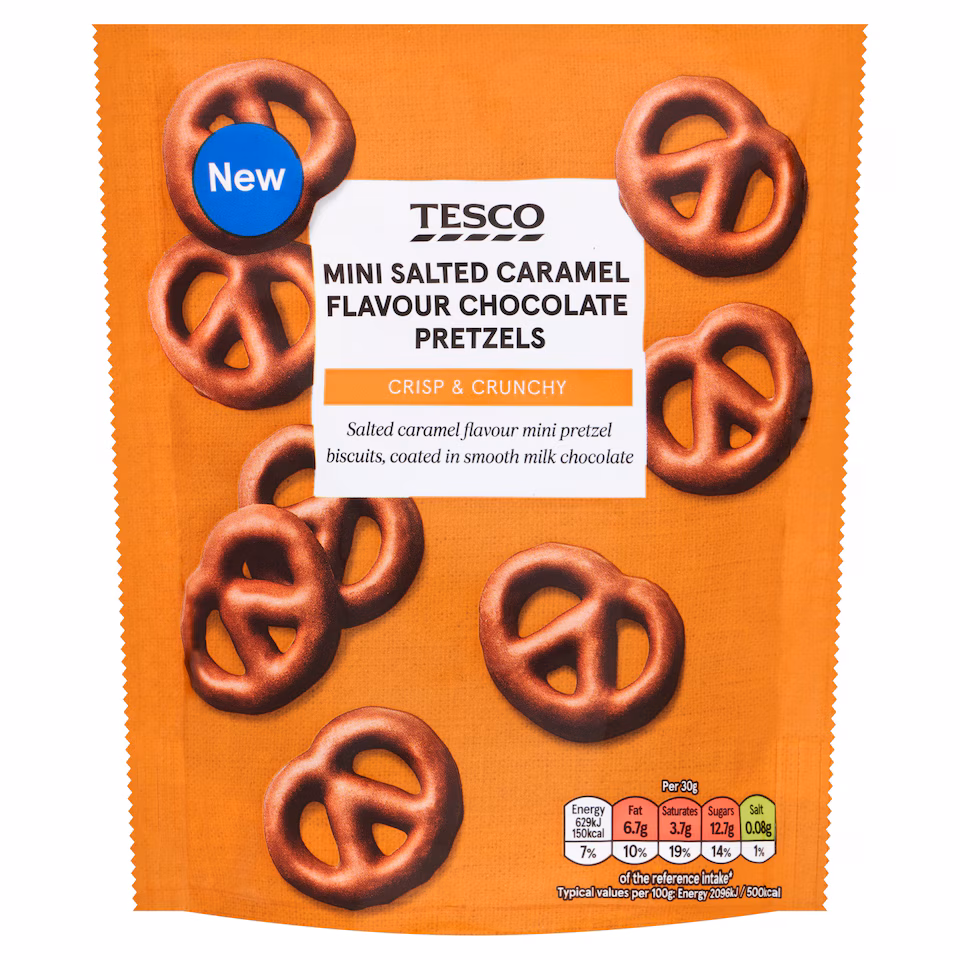 Tesco Mini Salted Caramel Flavour Milk Chocolate Pretzel Biscuits 90g