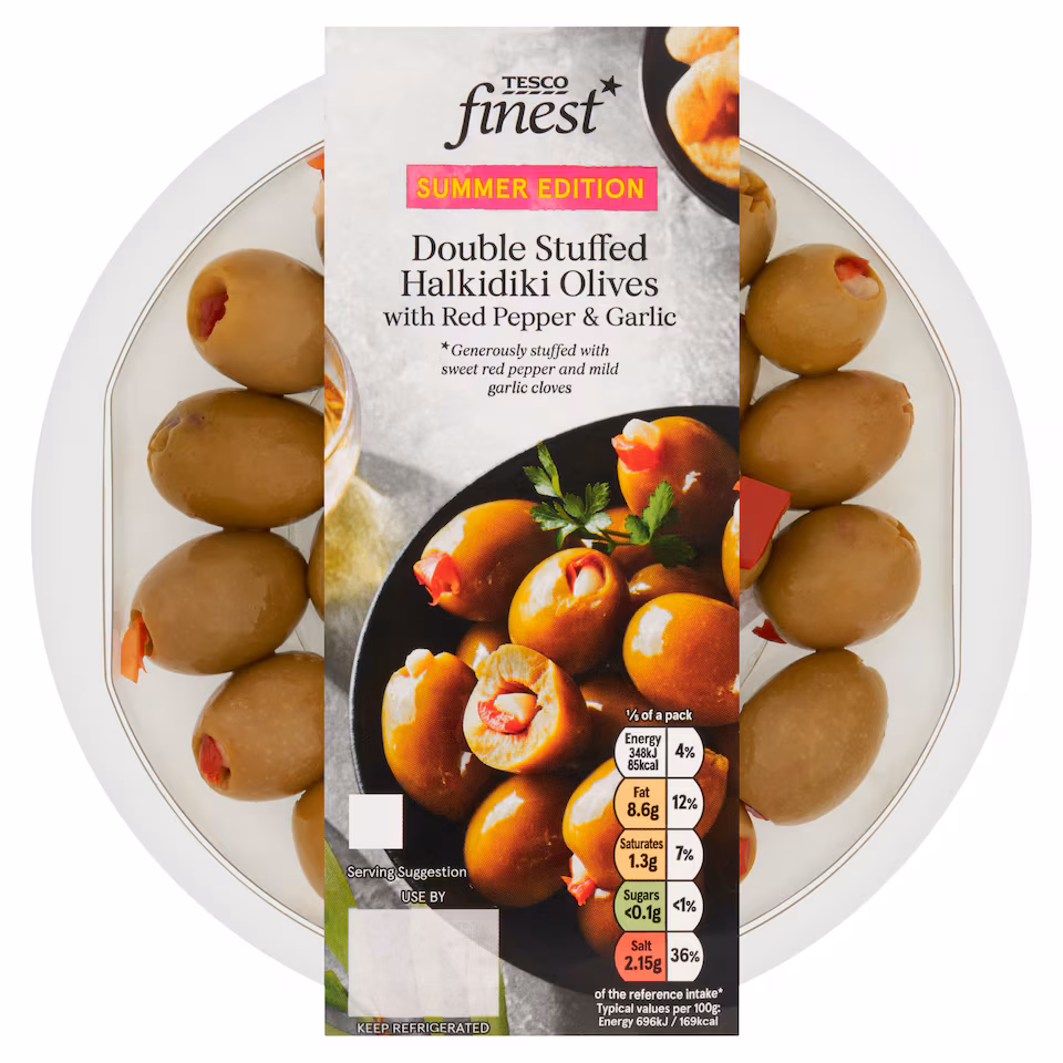 Tesco Finest Double Stuffed Halkidiki Olives With Red Pepper & Garlic 250g