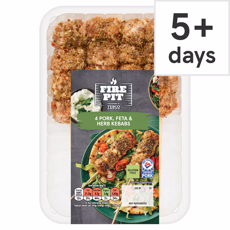 Tesco Fire Pit 4 Pork, Feta & Herb Kebabs 400G