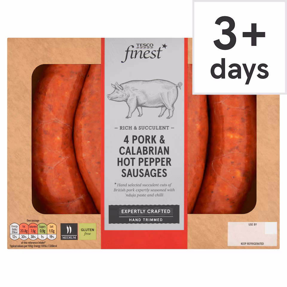 Tesco Finest 4 Pork & Calabrian Hot Pepper Sausages 440g