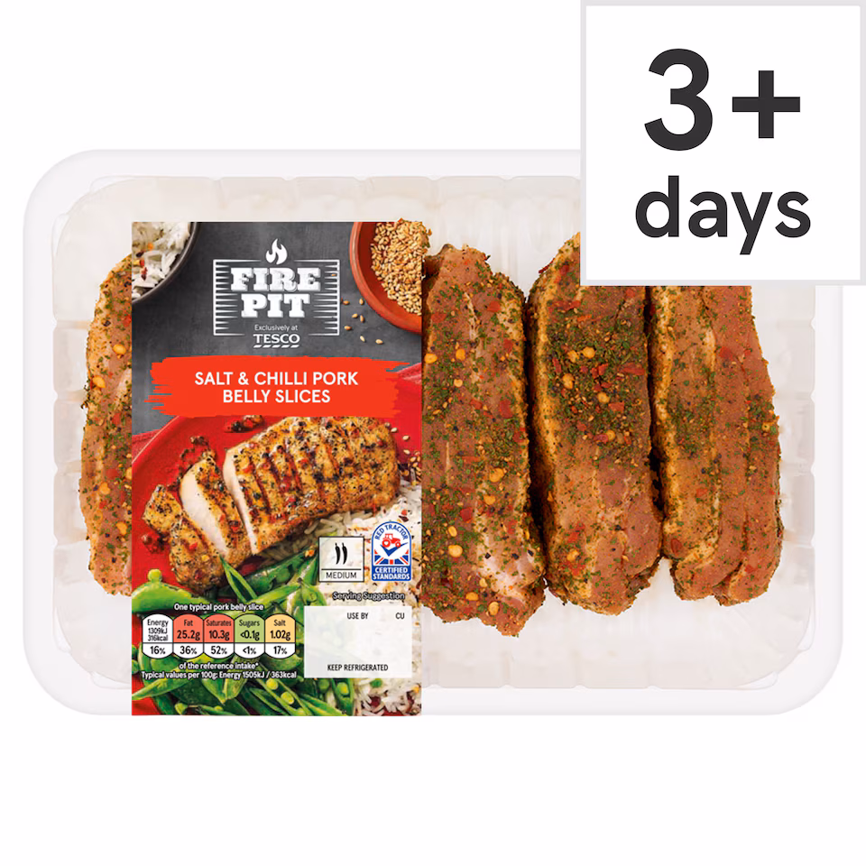 Tesco Fire Pit Salt & Chilli Pork Belly Slices 500G