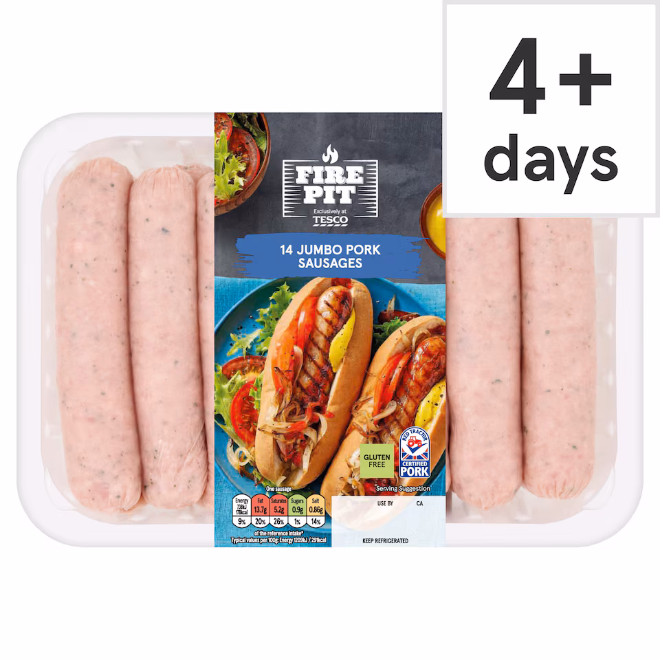 Tesco Fire Pit 14 Jumbo Pork Sausages 1Kg