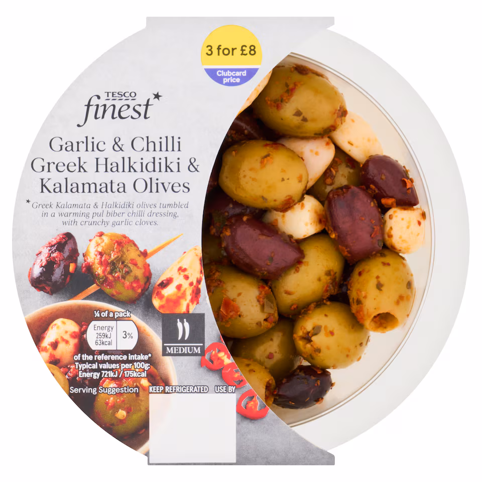 Tesco Finest Garlic & Chilli Greek Halkidiki & Kalamata Olives 145g