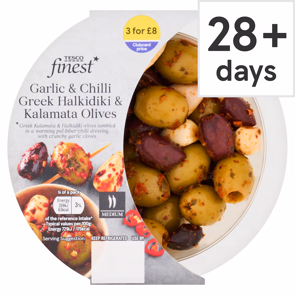 Tesco Finest Garlic & Chilli Greek Halkidiki & Kalamata Olives 145g