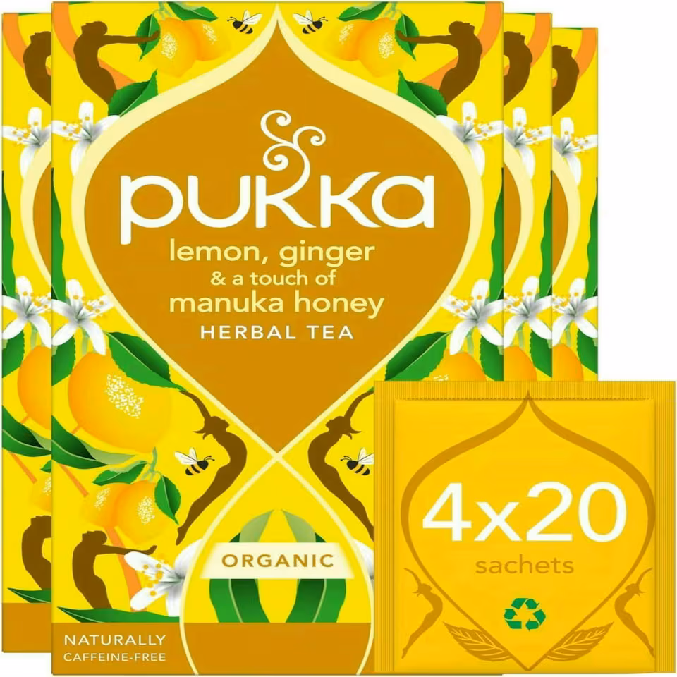 Pukka Herbs Organic Herbal Tea, Lemon Ginger & a Touch of Manuka Honey, 4 Packs, 80 Teabags | Yellow | 4