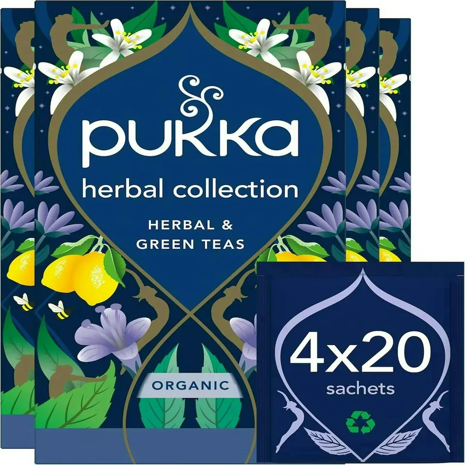 Pukka Herbs Organic Herbal Tea, Herbal Collection, 4 Packs, 80 Teabags | Blue | 4