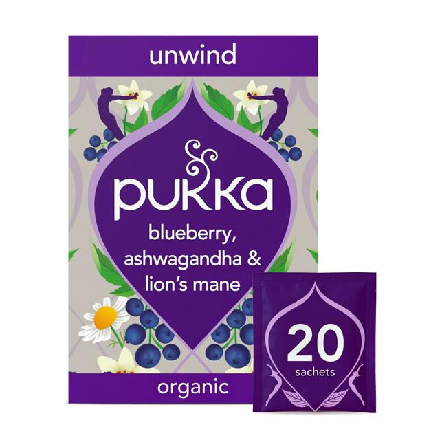 Pukka 20 x Organic Unwind Blueberry, Ashwagandha & Lion's Mane Herbal Tea Bags 32g