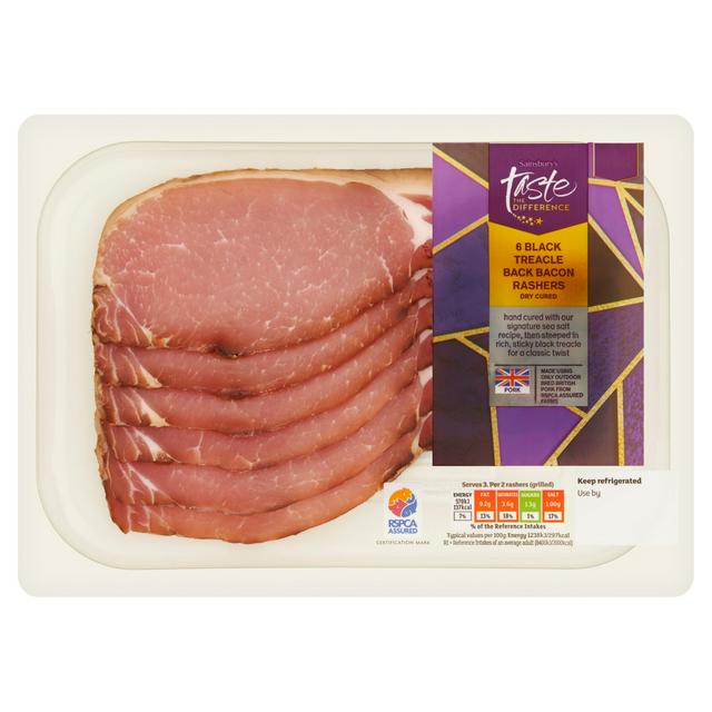 Sainsbury's Dry Cured Black Treacle Back Bacon Rashers, Taste the Difference x6 220g