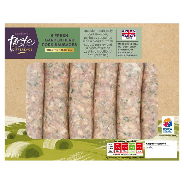 Sainsbury's Traditional Style Fresh Garden Herb British Pork Sausages, Taste the Difference x6 454g