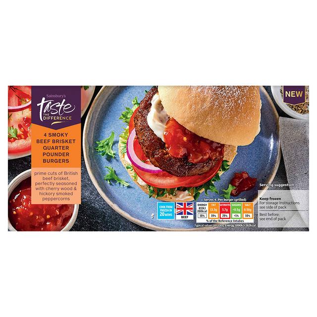 Sainsbury's Smoky Beef Brisket Quarter Pounder Burgers, Taste the Difference x4 454g