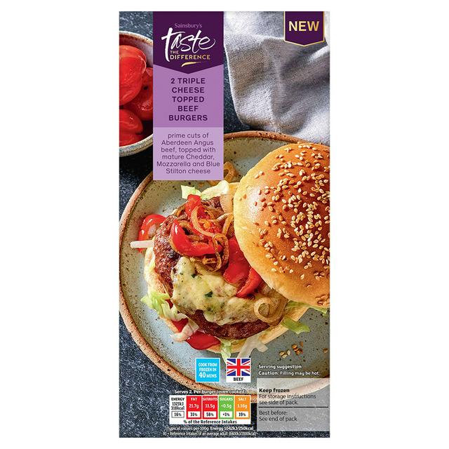 Sainsbury's Triple Cheese Topped Beef Burgers, Taste the Difference x2 322g